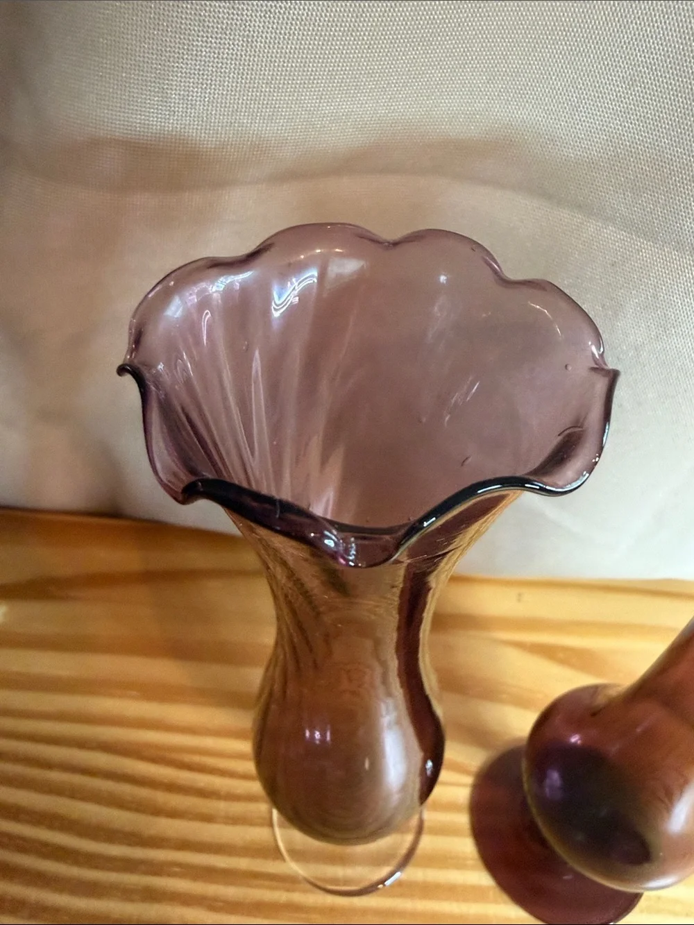 Vintage Amethyst Glass Bud Vases Mismatched Pair Mid Century Modern Ruffled